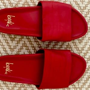 Red Beek Metallic slide sandal. Memory foam foodbed.